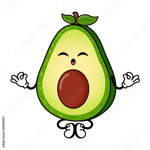 Avocado doing yoga character. Vector hand drawn traditional Avocado character. Isolated on white background