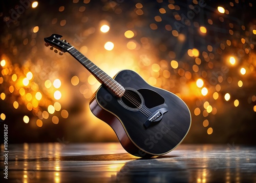 Moody Black Acoustic Guitar in Low Light -  Dark Room Music Stock Photo