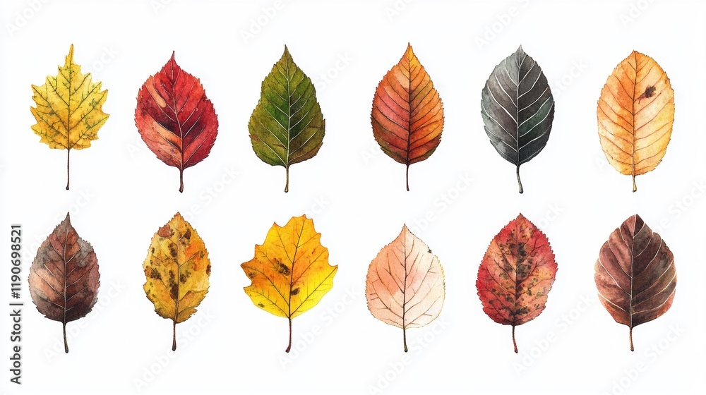 Obraz premium Colorful Autumn Leaves Collection on White Background