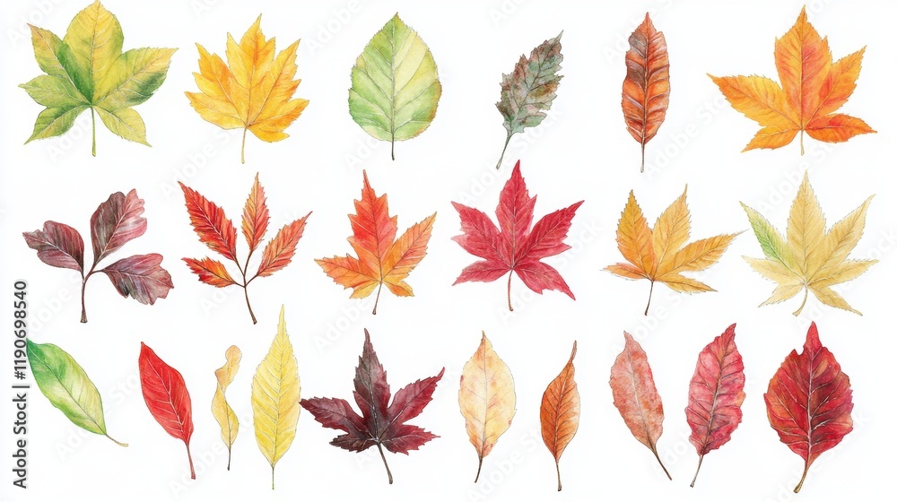 Fototapeta premium Colorful Collection of Autumn Leaves in Various Shapes and Colors