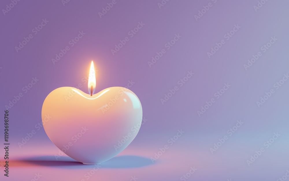 A romantic white candle with a heart motif glowing warmly on a pastel lavender background for valentines day A romantic white candle with a heart motif glowing warmly on a pastel lavender background for valentines day