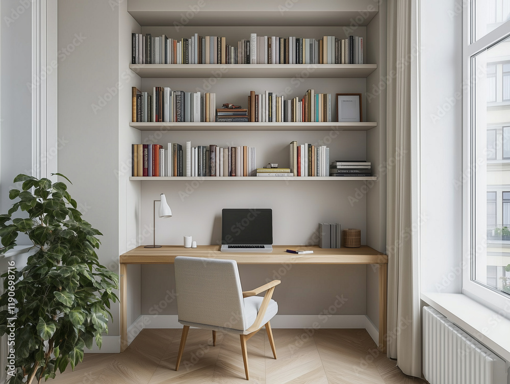 a Nordic-inspired home office with a clean, simple desk and a sleek minimalist chair with built-in bookshelves a Nordic-inspired home office with a clean, simple desk and a sleek minimalist chair with built-in bookshelves