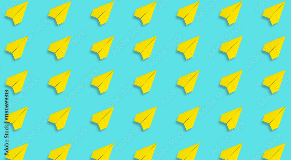 A repetitive pattern of yellow paper planes on a bright blue background, symbolizing creativity and communication. A repetitive pattern of yellow paper planes on a bright blue background, symbolizing creativity and communication.