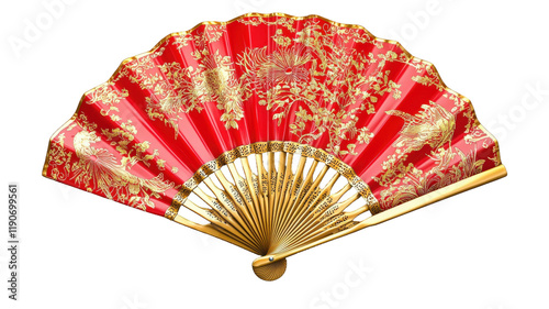 Elegant red and gold hand fan with intricate peacock and floral design, isolated on white background. Perfect for adding an Asian or Chinese cultural element to your designs.