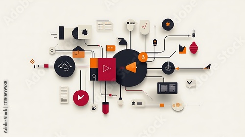 Abstract digital composition showcasing various icons and elements representing technology and data analytics