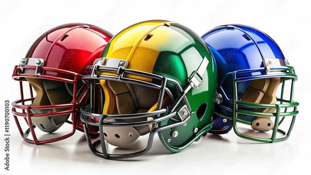 Fototapeta premium Multiple Colors Football Helmets Side View Isolated on White Background - Stock Photo