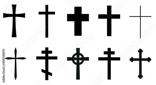 Christian cross, black and white vector silhouette illustration of religious cross shape, isolated on white, icon set
