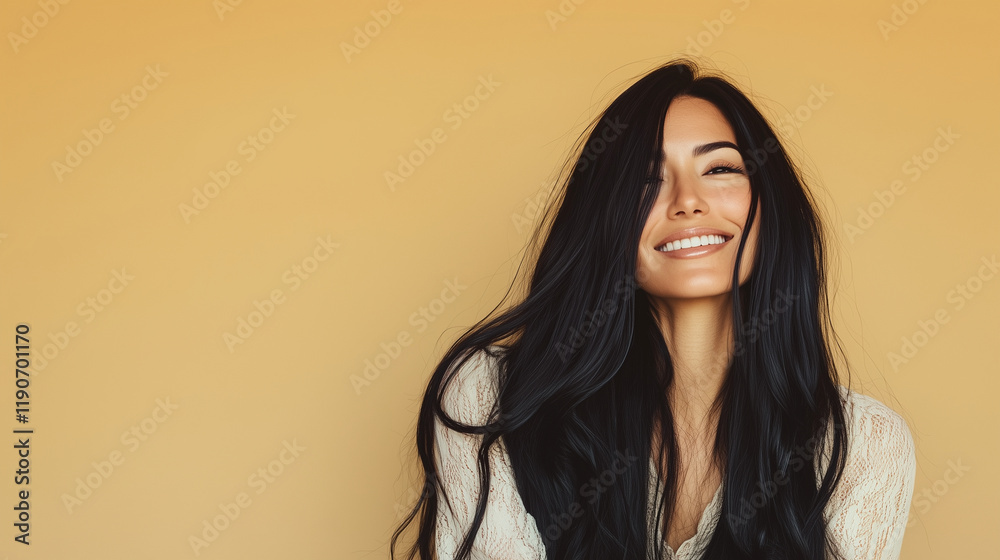 Fototapeta premium a banner showcasing a young woman with flawless, black, long hair. Her smile and vibrant appearance are enhanced by a pink background