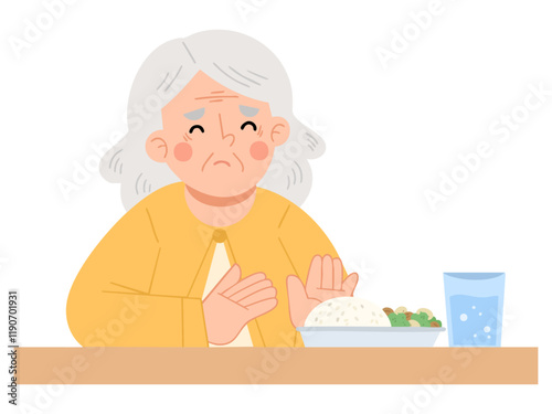 Illustration of elderly woman concerned about food
