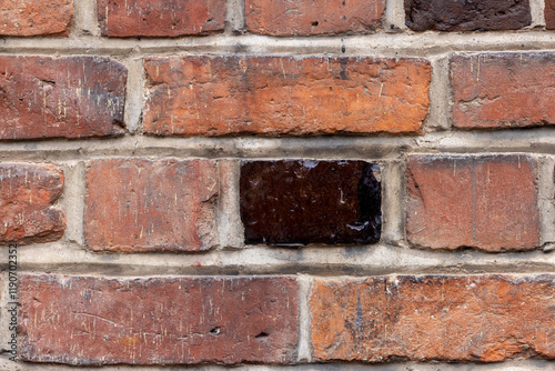 Background of large red old bricks with one brown photo