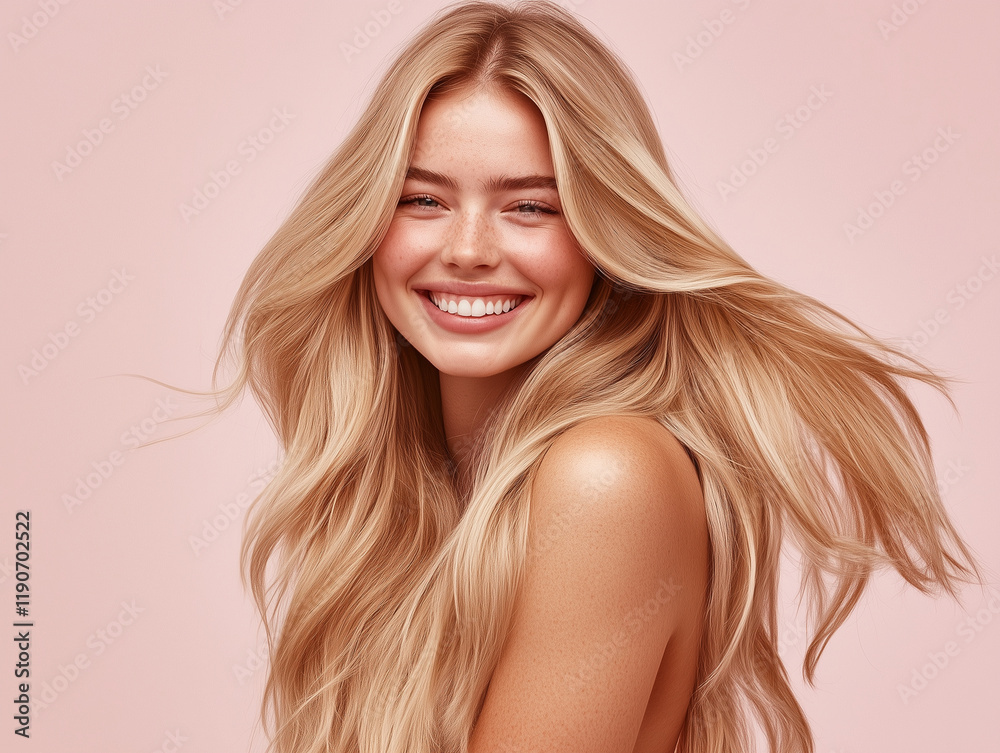 Fototapeta premium a smiling woman showcasing her long, perfectly groomed blonde hair. for a hair care product banner
