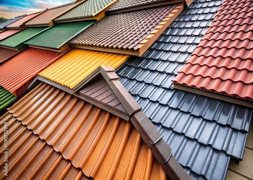 Diverse Roofing Materials: Steel Sheets, Metal Shingles, Modular Tiles & Corrugated Pantiles - Detailed Close-Up