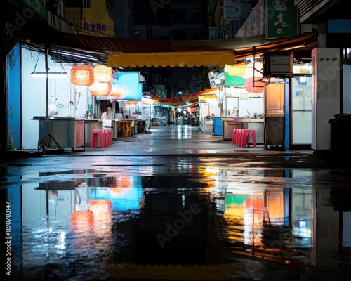 A vibrant street market with colorful decor and glowing food vendors, reflections and shadows blending seamlessly photo