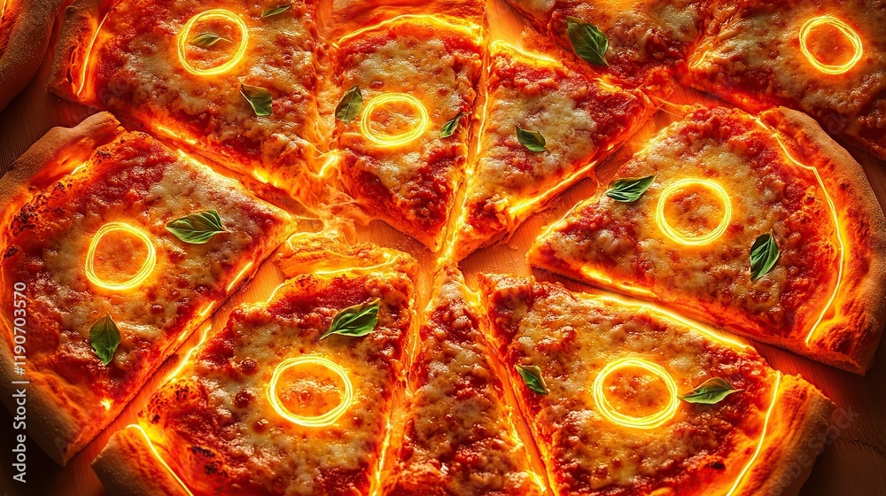 Hot pizza slices with glowing rings. Hot pizza slices with glowing rings.