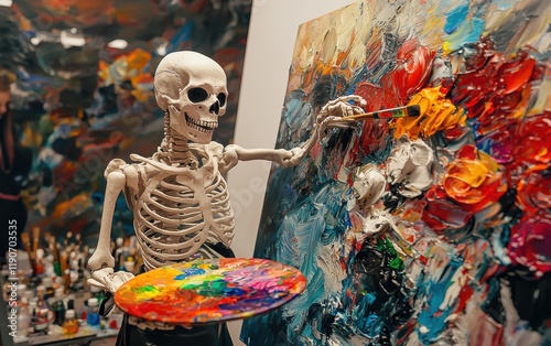 A skeleton wearing a painterâ???s apron, holding a palette and brush, creating a vibrant painting on a canvas photo