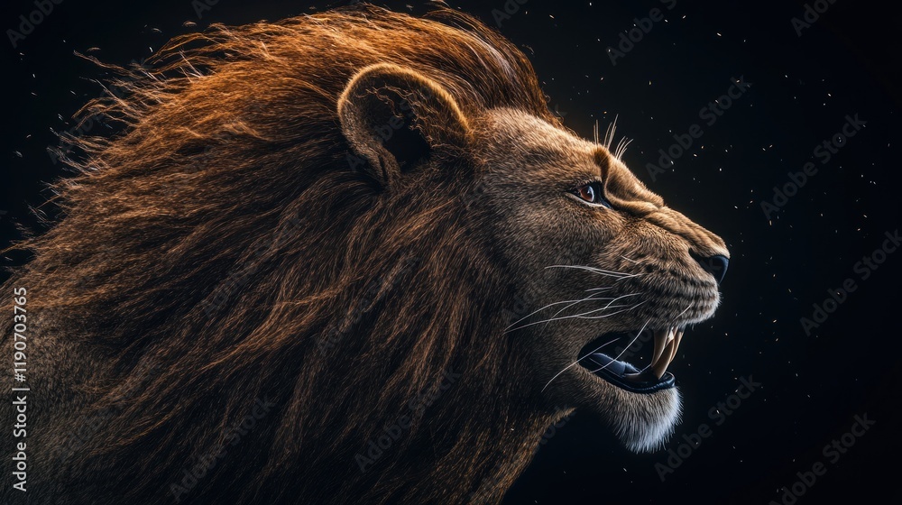 Naklejka premium Majestic lion profile, dark background, wildlife power, nature