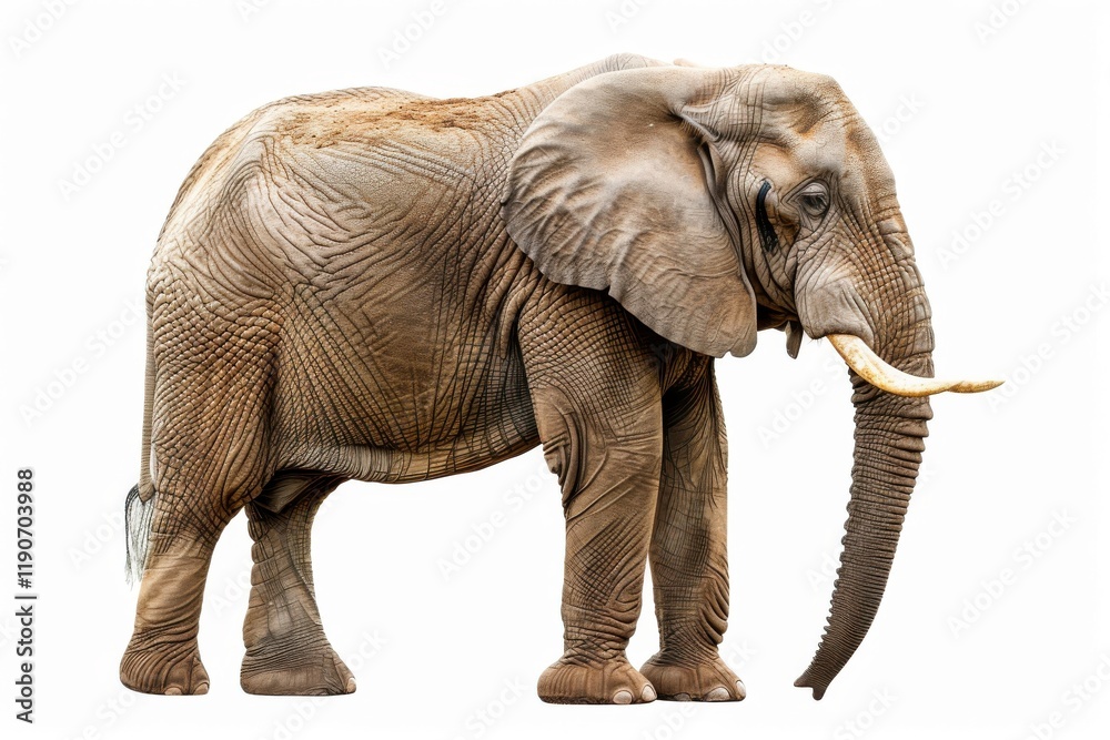 Obraz premium A large elephant stands majestically, showcasing its wrinkled skin, long trunk, and impressive tusks in a natural pose.