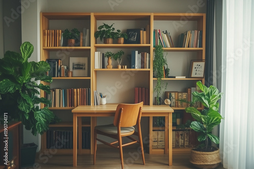 Wallpaper Mural a Nordic-inspired home office with a clean, simple desk and a sleek minimalist chair with built-in bookshelves Torontodigital.ca