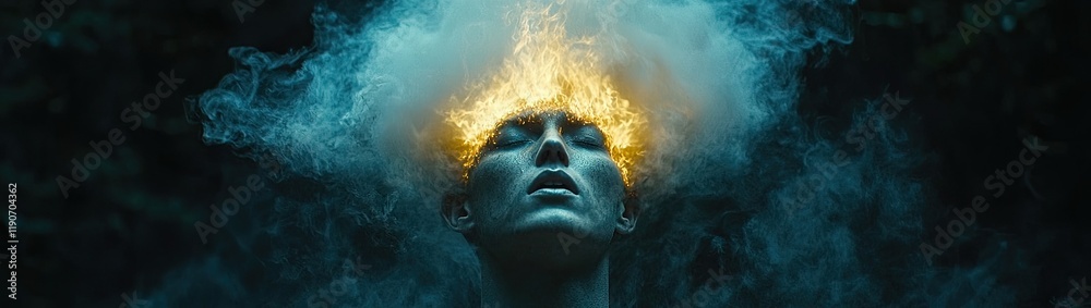 Cinematic Scene of Man in Dark Field with Burning Head, Surrounded by Smoke and Haze Cinematic Scene of Man in Dark Field with Burning Head, Surrounded by Smoke and Haze