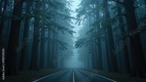 Misty road meanders through an enchanting fog-veiled forest, surrounded by towering, shadowy trees with a mysterious ground beneath photo