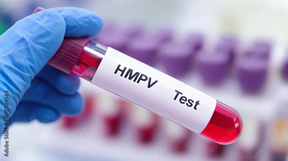 Obraz premium Laboratory Analysis: Gloved Hand with 'HMPV Test' Vial Among Sample Tubes
