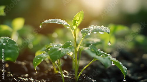 Close-up of a young plant covered with dew drops. The growth and freshness of the leaves symbolize growth, new beginnings and sustainability