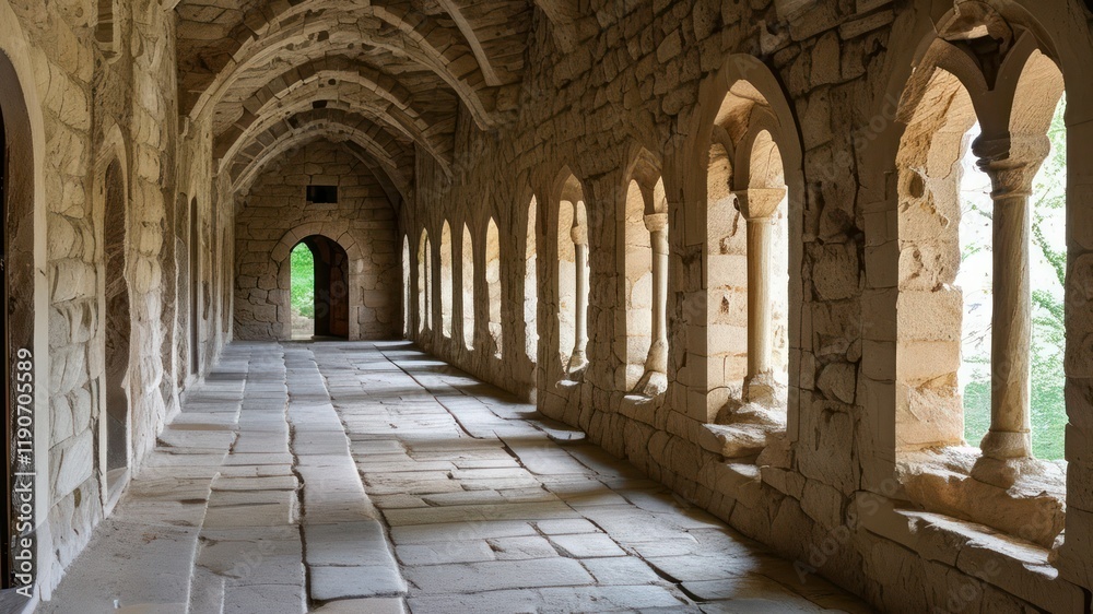 Fototapeta premium Peaceful stone corridor with arches and natural light creating a serene atmosphere