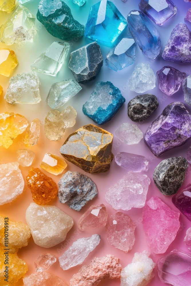 A vibrant flat lay of polished gemstones and crystals, arranged in a gradient of colors A vibrant flat lay of polished gemstones and crystals, arranged in a gradient of colors