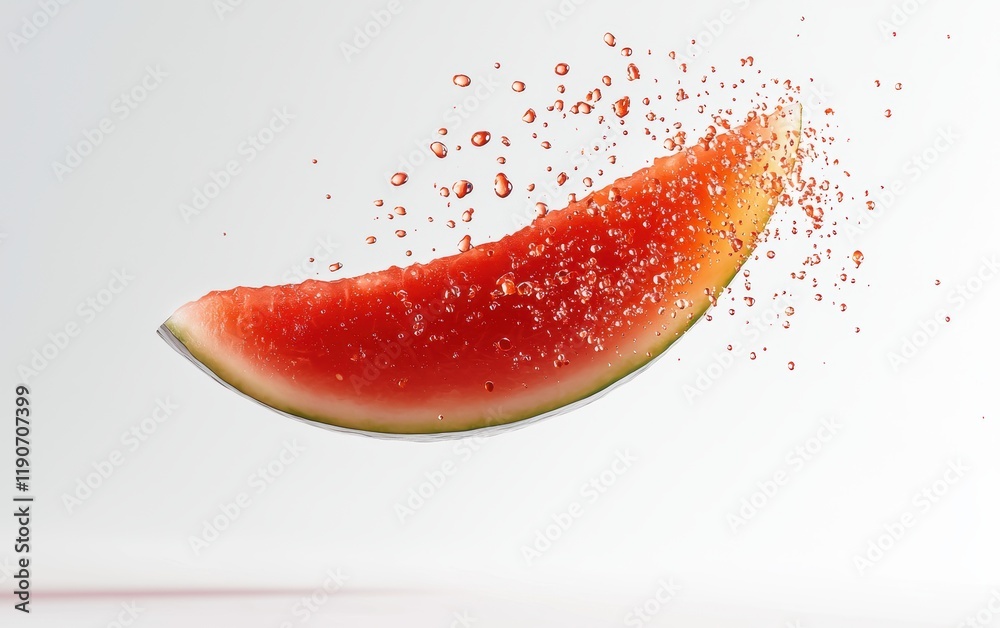 A slice of ripe watermelon hovering mid-motion, with tiny juice droplets suspended around it on a clean white backdrop A slice of ripe watermelon hovering mid-motion, with tiny juice droplets suspended around it on a clean white backdrop