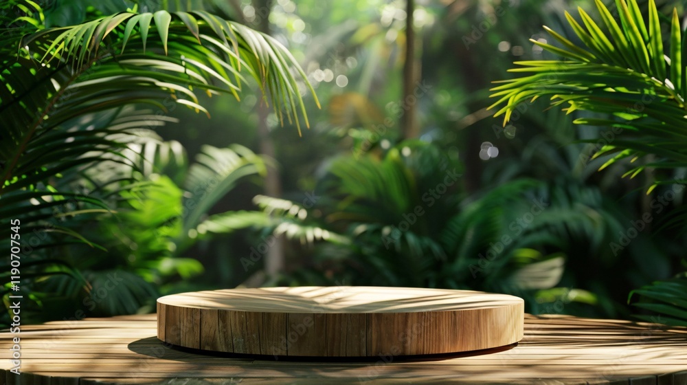 Wooden product display podium in jungle forest Wooden product display podium in jungle forest