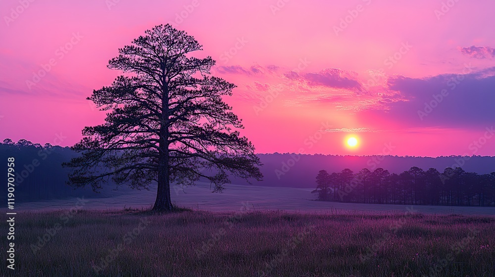 Cypress tree’s silhouette set against a sky colored with pink and purple hues at sunset Cypress tree’s silhouette set against a sky colored with pink and purple hues at sunset