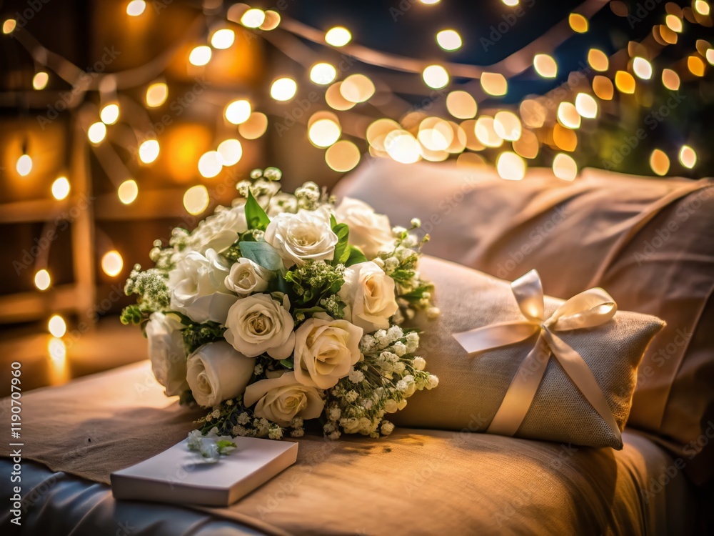 Obraz premium Night Wedding Bouquet Mockup: White Flowers in Paper Wrapping with Blank Label on Cushion