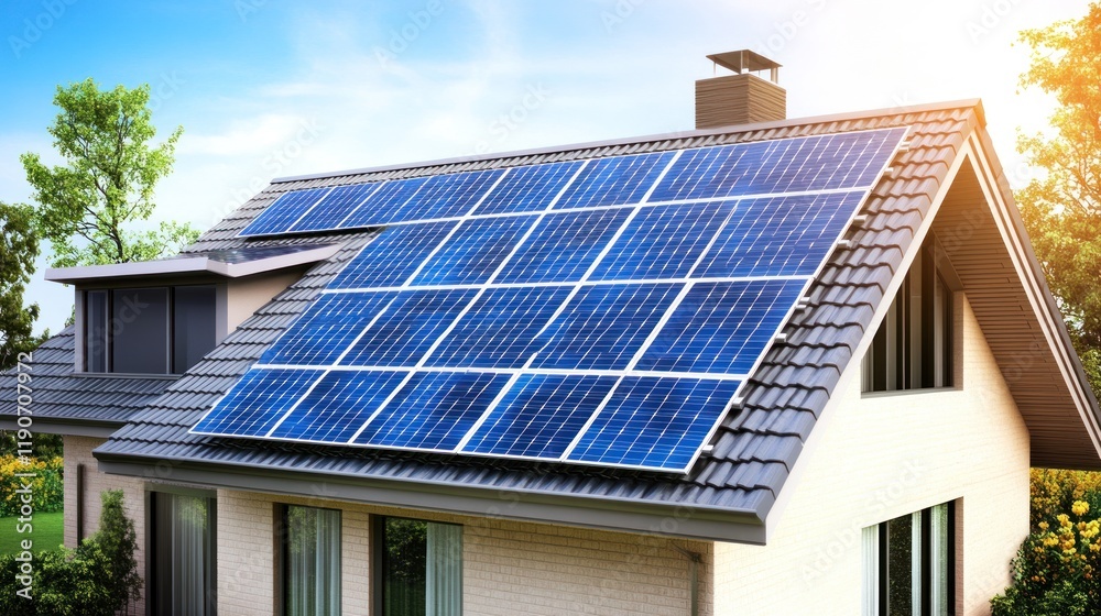 Solar panels on house roof, sunny day, garden. Sustainable energy Solar panels on house roof, sunny day, garden. Sustainable energy