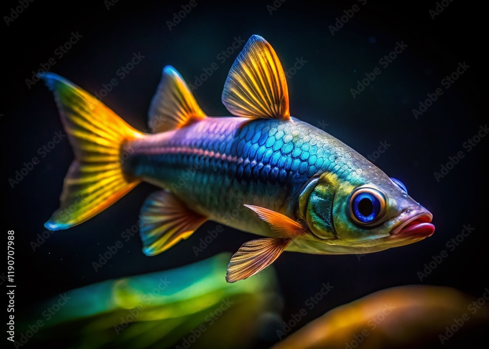 Fototapeta premium Nighttime Aquarium Portrait: Pencil Fish (Nannostomus eques) Swimming