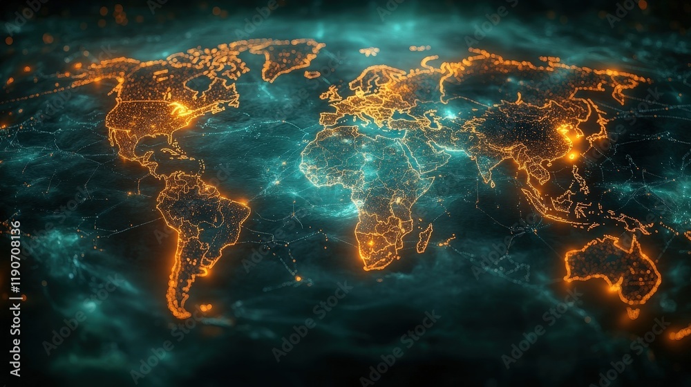 Obraz premium A Glowing World Map on a Dark Background Highlighting Globalization and Connectivity in Modern Society
