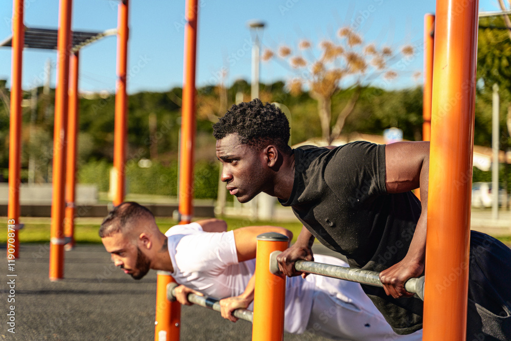 Fototapeta premium Calisthenics Athletes Exercising in Public Park