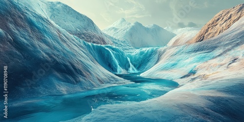 A vibrant image of a melting glacier, showcasing small streams and pools forming on the surface photo