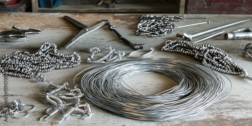 Close-Up of Metal Tools and Chains on a Workbench in a Workshop Setting photo