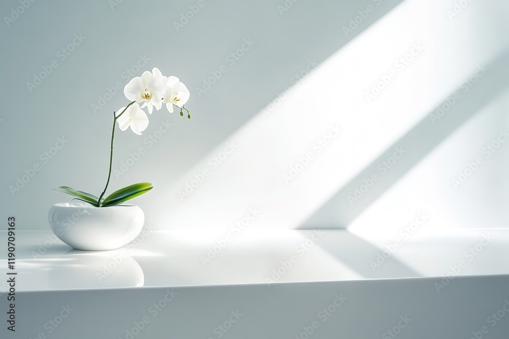 glossy studio shot of sleek white reception desk adorned with single orchid flower in vase placed on bright white surface glossy studio shot of sleek white reception desk adorned with single orchid flower in vase placed on bright white surface