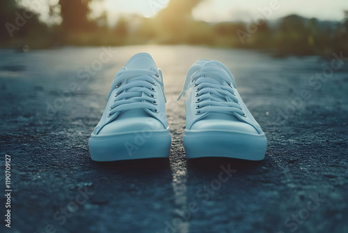 A pair of white sneakers resting on the ground, with untied laces for a laid-back yet functional design, perfect for maximum comfort and flexibility.