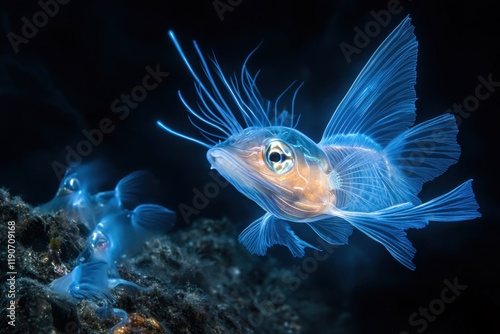 Bioluminescent anglerfish in dark abyss with unique creatures photo