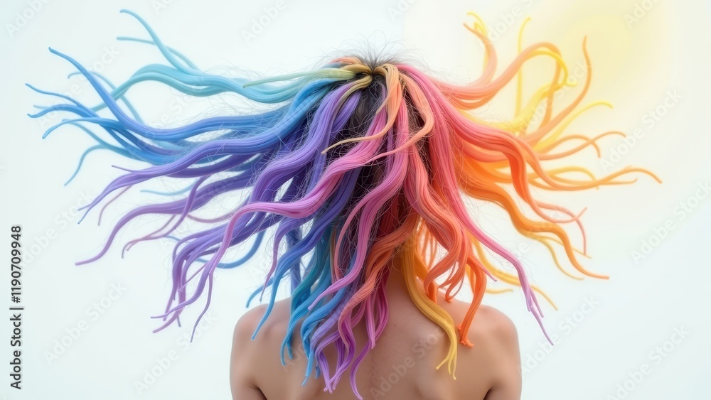 A vibrant tapestry of multicolored hair cascades over a man’s shoulders, set against a crisp white backdrop. His back turns away, adding an air of mystery to the striking blue tones that dominate the A vibrant tapestry of multicolored hair cascades over a man’s shoulders, set against a crisp white backdrop. His back turns away, adding an air of mystery to the striking blue tones that dominate the