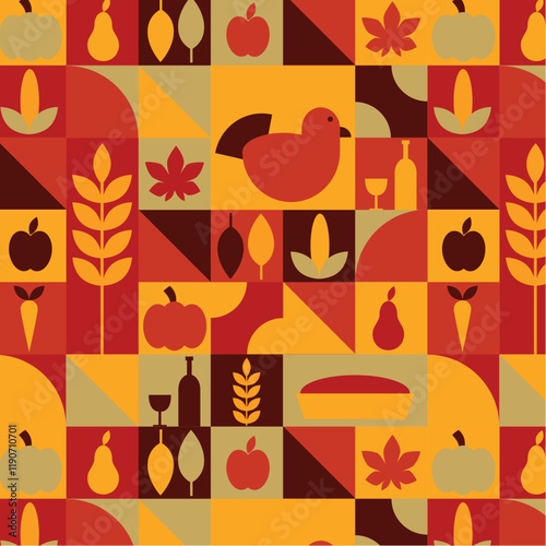 Autumn, thanksgiving pattern, background, fall, harvest, bauhaus, modern, abstract, geometrical, colorful vector illustration. 