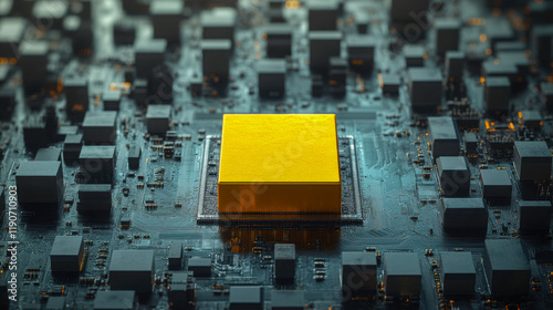 Digital technology showcases a central golden chip surrounded by smaller processors on a circuit board, highlighting advancements in microelectronics and computing systems