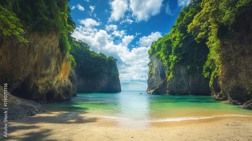 Obraz premium A vibrant image of a secluded cove, with a narrow beach surrounded by towering cliffs and lush vegetation