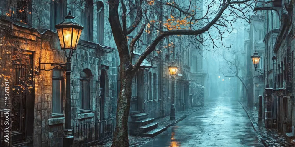 Fototapeta premium Misty cobblestone street, gas lamps, autumn. Travel poster