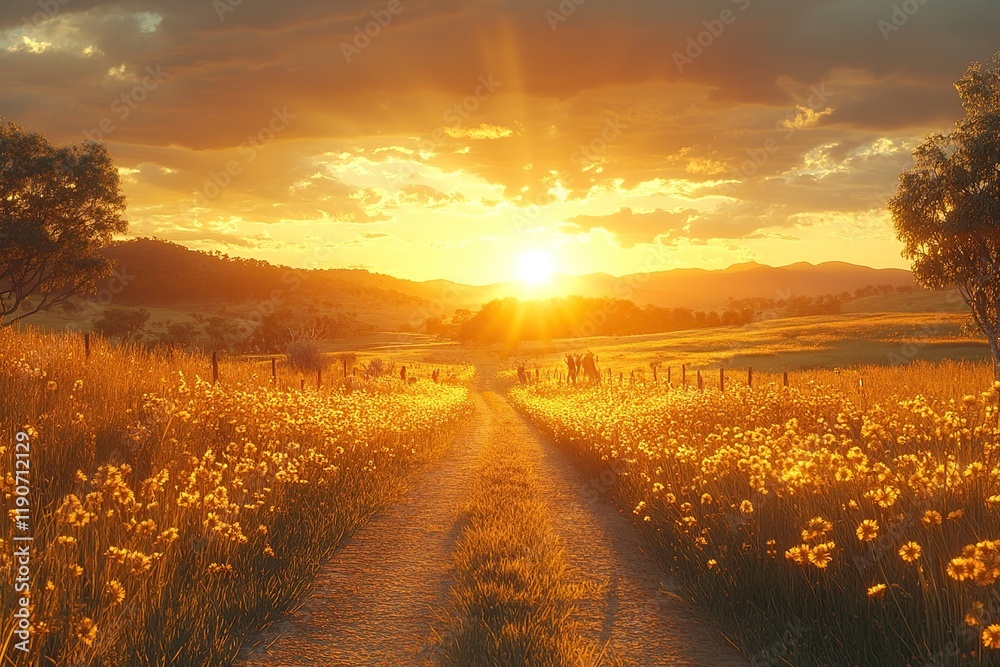 Sunset over a dirt road lined with yellow wildflowers in a rural landscape. Sunset over a dirt road lined with yellow wildflowers in a rural landscape.