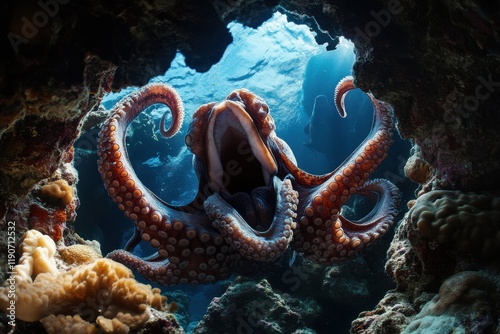 Highresolution DSLR photograph capturing octopus escaping eel underwater