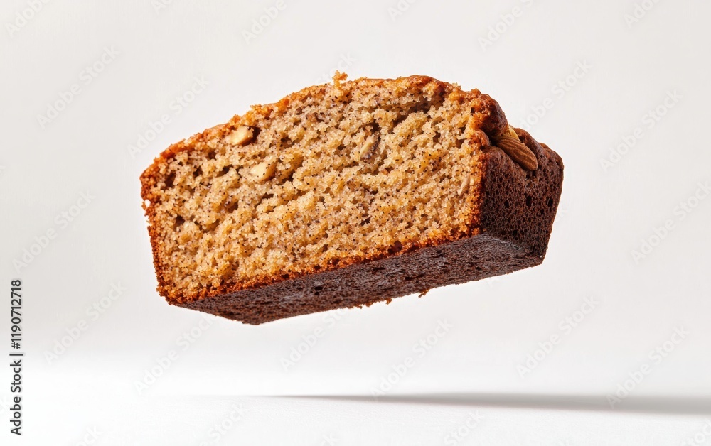 A thick slice of banana bread, with visible nuts, artistically levitating on a bright white backdrop A thick slice of banana bread, with visible nuts, artistically levitating on a bright white backdrop