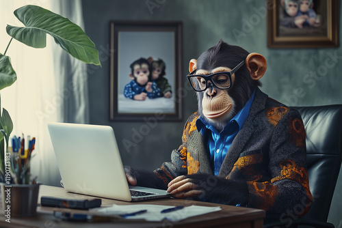 monkey wearing modern and stylish outfit sitting at his office desk and looking at his laptop